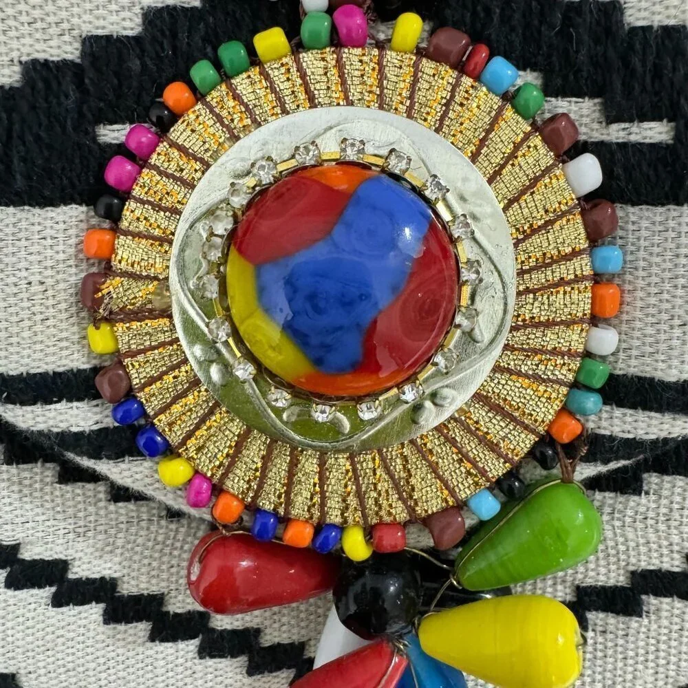 Tribal Patterned Clutch Purse With Colorful Beaded Embellishment & Gold Chain St
